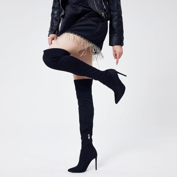 Women Black Neoprene Suede Pointed Toe 4.3 inch Stilettos Thigh High Heels Boots - Picture 5 of 8